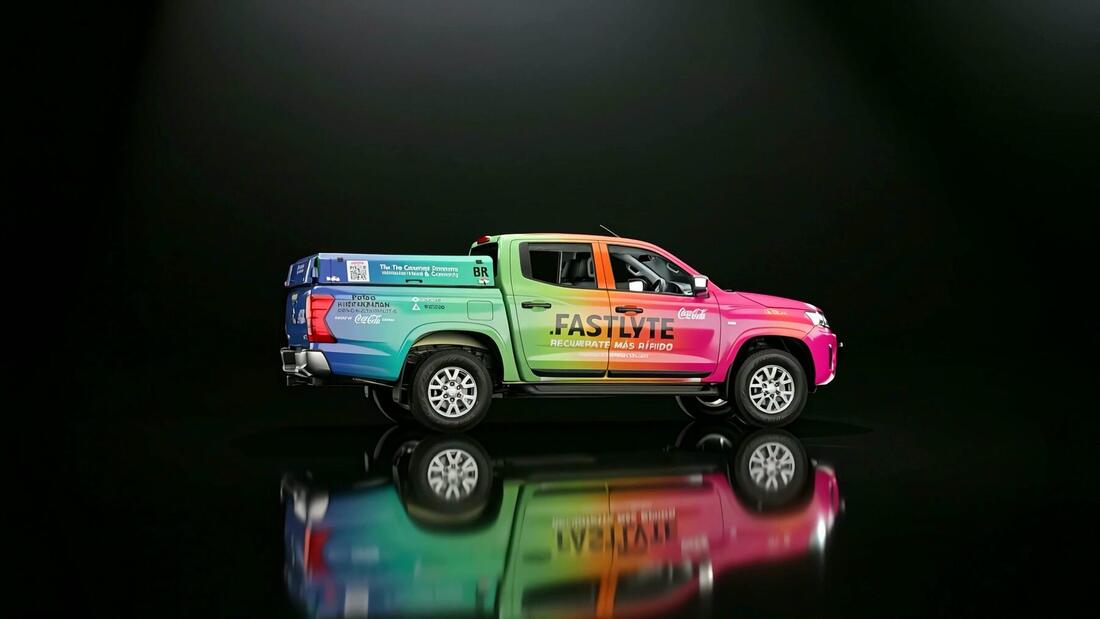Camioneta L200 FASTLYTE con rotulación multicolor completa, fotografiada en estudio sobre fondo negro